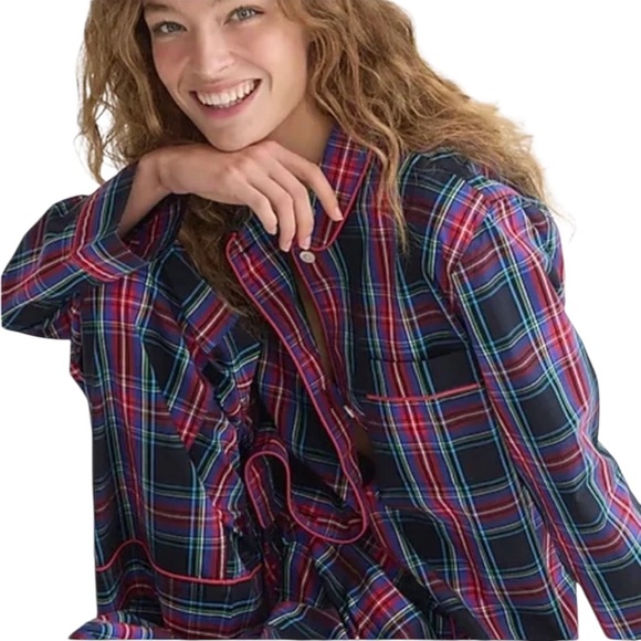 J. Crew Long Sleeve Cotton Poplin Pajama Set in Black Stewart Tartan - Picture 2 of 16